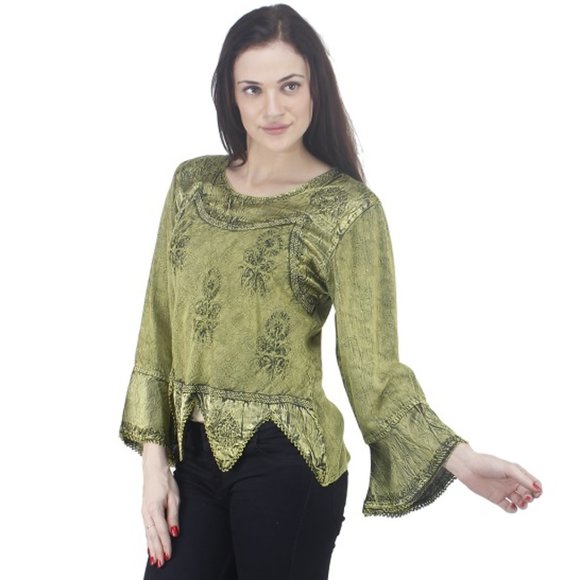 LIME GREEN VICTORIAN FLOUNCING TRUMPET STYLE TUNIC TOP - Picture 2 of 5